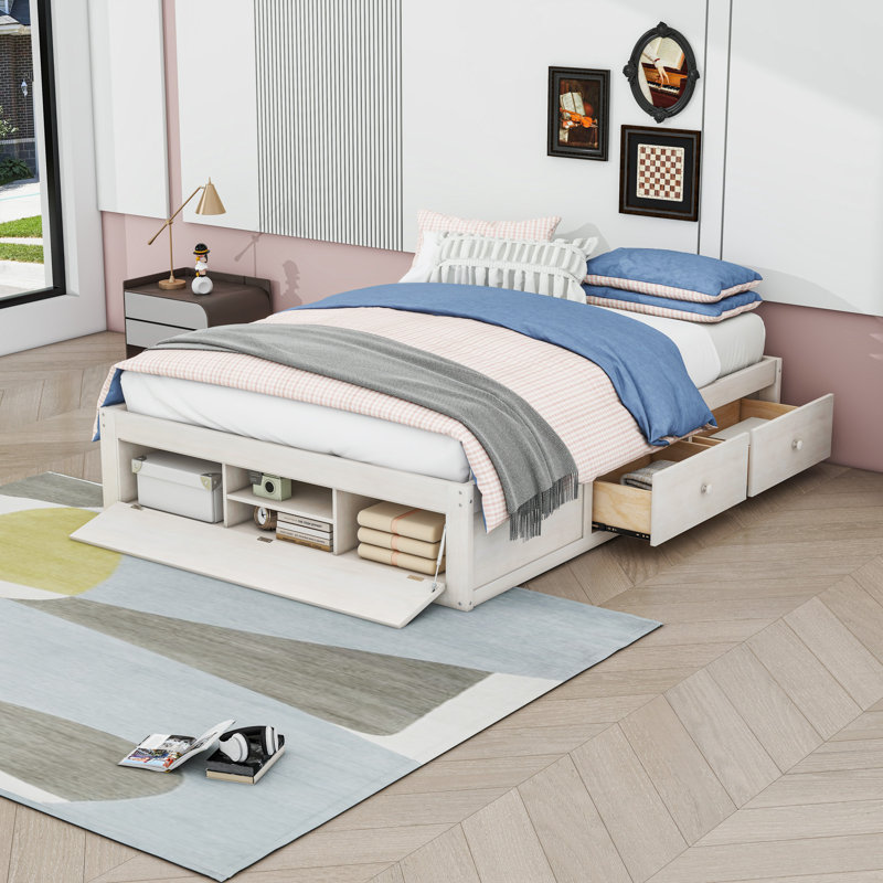 Grand lit plateforme en bois avec 4 tiroirs, Blanc antique