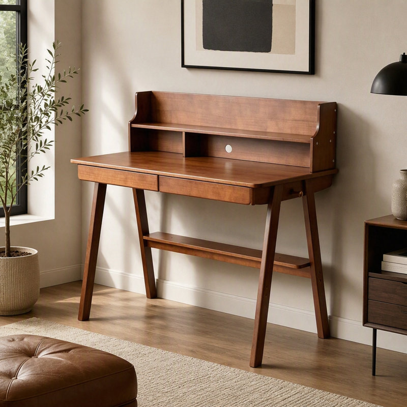 Bureau 100% bois massif avec tiroir et tablettes, table d'écriture de style Mid-Century moderne