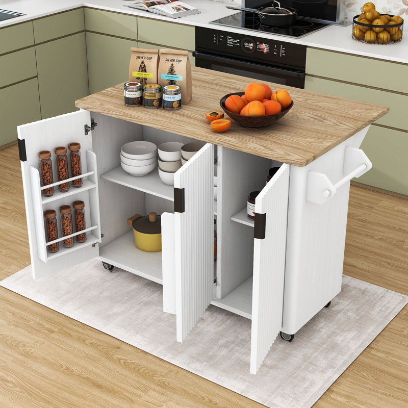 Kitchen Island Cart on Wheels with Drop Leaf, Towel Rack and Adjustable Shelves, White Ash