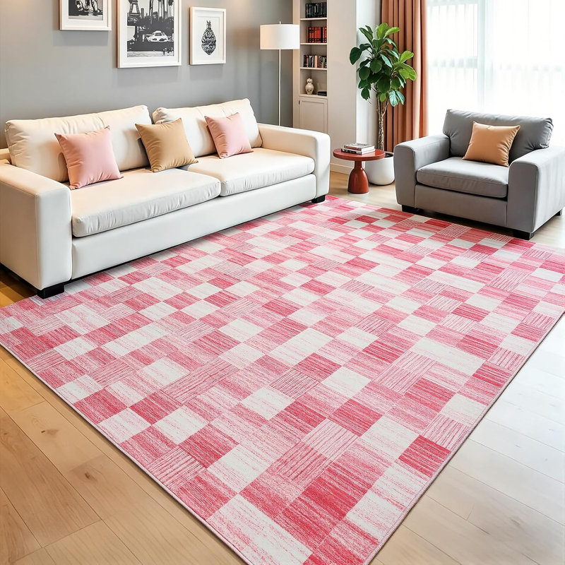Tapis à carreaux lavable, Pink, Rectangle 5' x 7'