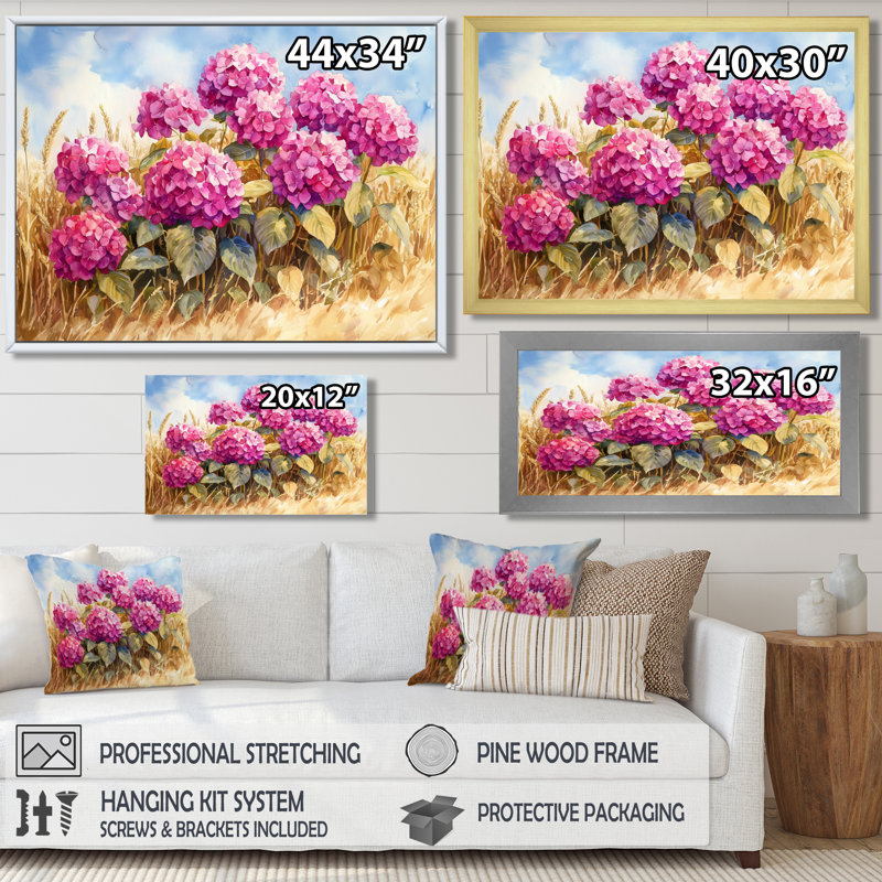 Hydrangeas In The Grain Field II - Hydrangea Canvas Wall Art, 12" H x 20" W, Floater Framed Print, Brown
