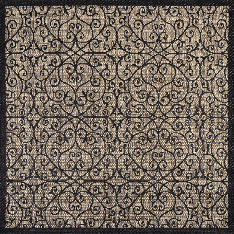 Tapis intérieur / extérieur noir / kaki Haggerty, Carré 5 pi 3 po