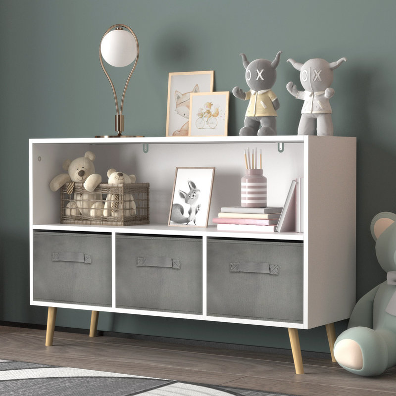 Bibliothèque pour enfants avec tiroirs pliables en tissu Boîte à jouets, Blanc / gris
