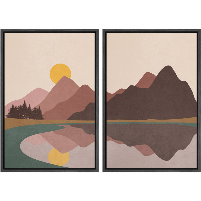 Soleil levant sur les montagnes et le lac Pastel, nature sauvage, illustrations, moderne, rustique, Noir, H 36 po x l 24 po