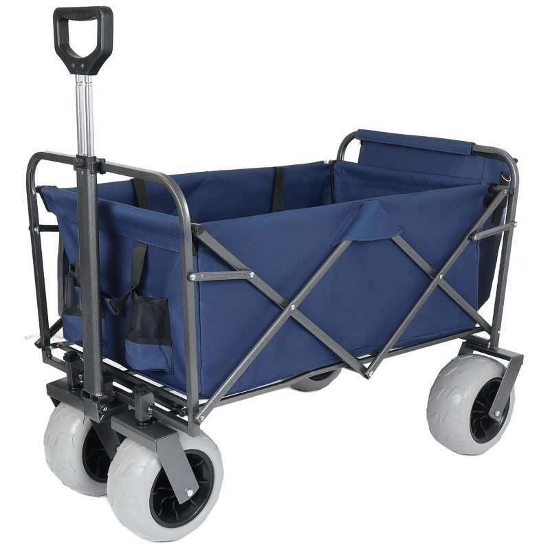 Chariot de plage avec grandes roues pour le sable capacité de 500 lb - Conception brevetée, chariot tout terrain à structure en acier avec pneus pneumatiques de 9 po, conception pliable pliable, sangle avec sac multiusage, bleu foncé