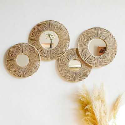 Art mural paniers suspendus avec miroir, 4 pièces Boho Coastal Wall Decor | Panier en osier tissé, jute rustique de ferme, chambre à coucher, salon, chambre de bébé, décoration intérieure