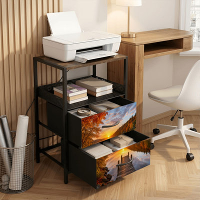 Table de chevet 2 tiroirs avec station de charge, table de chevet pour chambre avec ports USB et amp; Imprimé Outlets