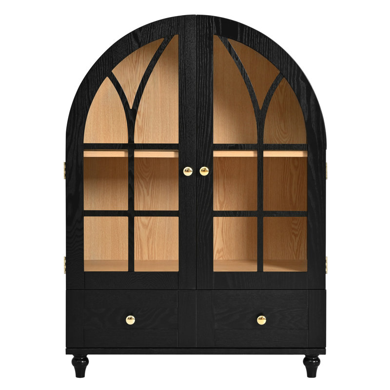 Armoire d'appoint arquée 36,6 po, vitrine avec 2 portes en verre, 2 tiroirs, pieds en bois massif, Black