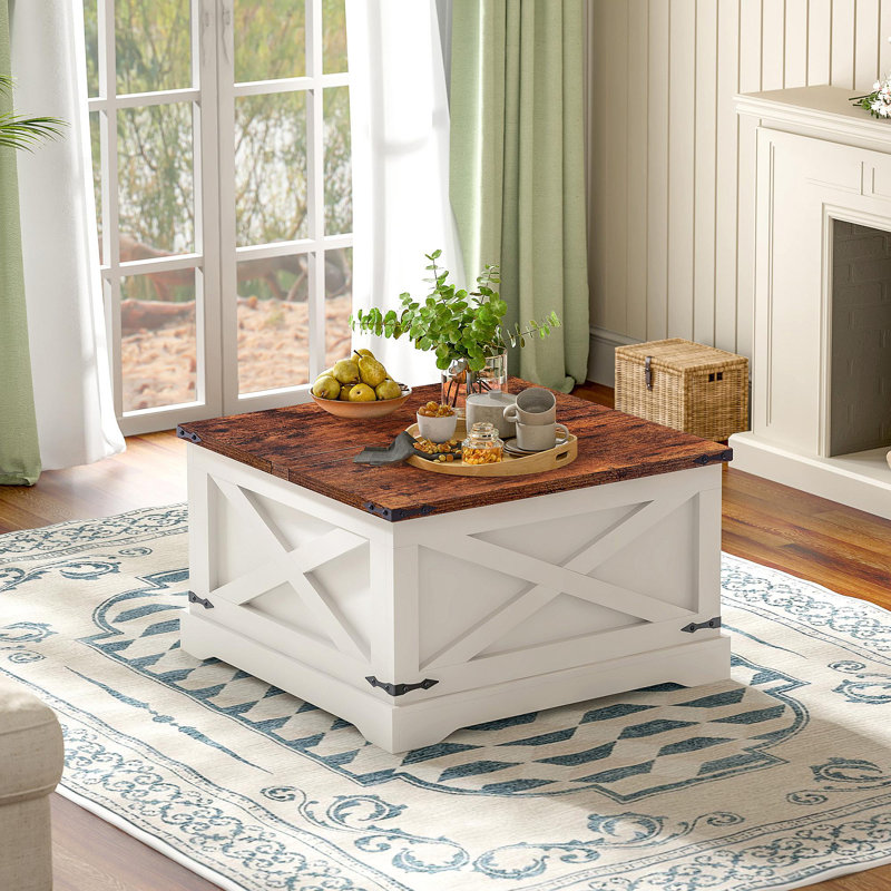 Table basse, table de salle à manger multifonctionnelle avec table de levage, table centrale carrée en bois avec compartiments cachés pour le salon, 31,5 po x 31,5 po, blanc rétro