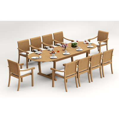 Ensemble de salle à manger 9 pièces en bois de teck de qualité A: table de chevet ovale à double tréteau 118 po et 8 chaises à accoudoirs empilables Napa # 11NP2708