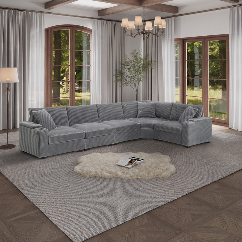 Convertible L-shaped & Symmetrical Modular Sofa With Armrest Storage, Cup Holders, Usb Charger, And Irregular Corner Design
