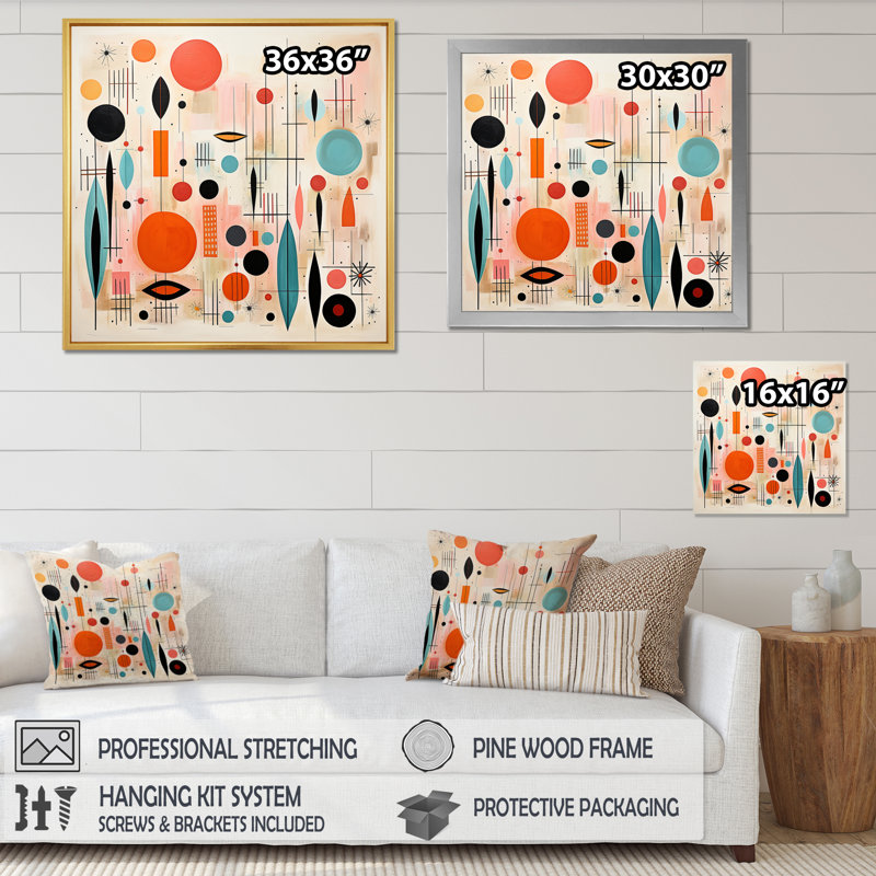 Rose et bleu Mid Century Whimsical Wonders IV - impression, H 36 po x l 36 po x P 1,5 po, Cadre flottant doré