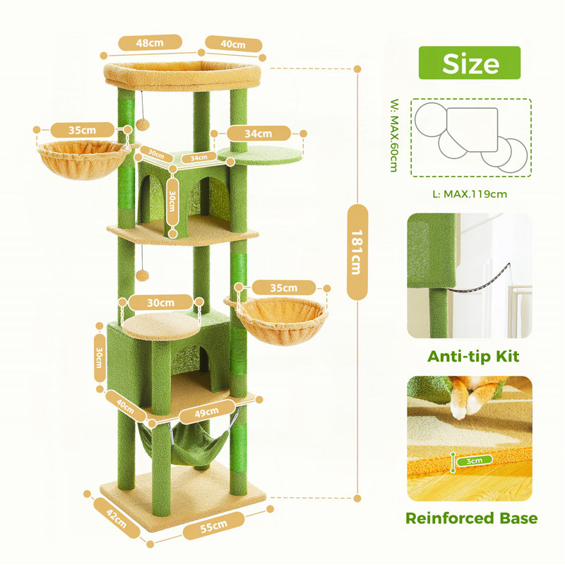 Arbre à chat de 71,2 po de hauteur pour grands chats d'intérieur, tour de chat à plusieurs niveaux avec 2 condos spacieux, 3 hamacs, très grand perchoir supérieur, 2 pompons