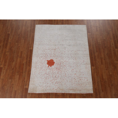 Tapis beige / orange en laine noué à la main de conception unique 4 pi 9 po x 6 pi 4 po New Age