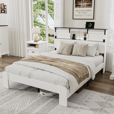 Farmhouse Wood Bed Frame with Storage Headboard, Queen Size Bed Frame with LED Lights and Charging Station, No Box Spring Required, Noiseless, White