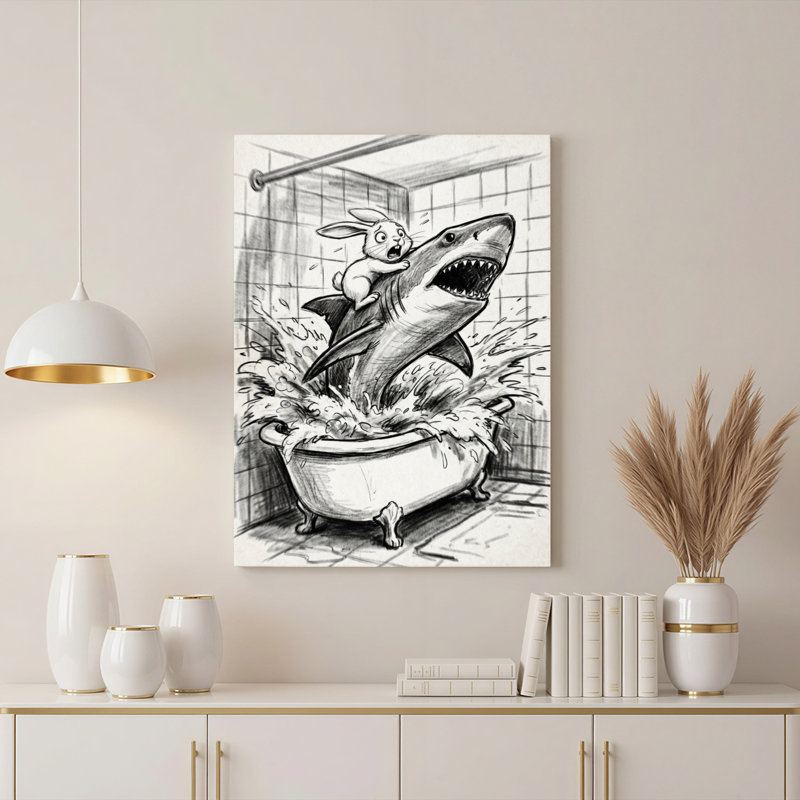 Shark And Rabbit In Bathtub Canvas Wrapped Wall Art Oil Painting Print Set Of 1, 18" H x 12" W