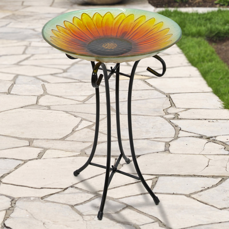 20.5" Sunflower Glass Bird Bath with Black Metal Stand