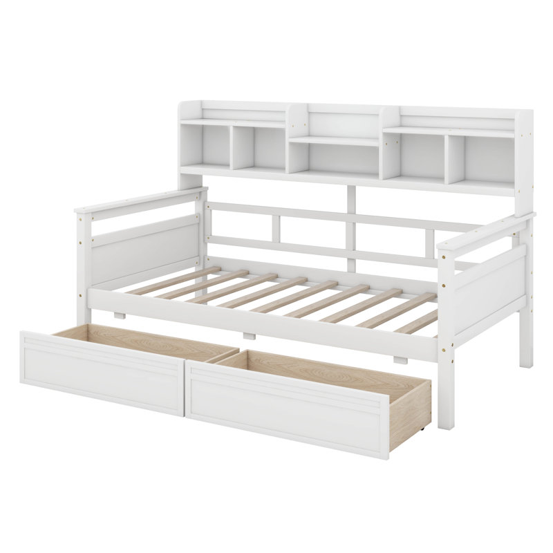 Lit de jour simple en bois avec tablettes de chevet et deux tiroirs, structure de canapé-lit pour enfants, adolescents, adultes