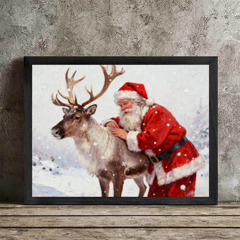 Art mural rétro de Noël noir - Père Noël et renne, décor de fête avec peinture à l'huile classique, impressions encadrées