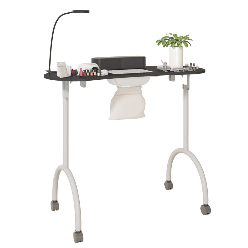 Portable Folding Manicure Table with HEPA Dust Collection, LED Lamp, Lockable Wheels, Black