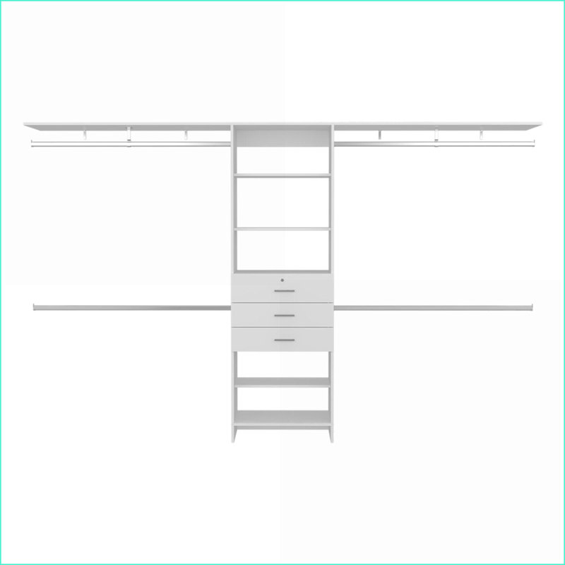 Closet System, Adjustable 69”-118”W with 4 Hanging Rods, 5 Shelves, 3 Drawers | White | MDF, White