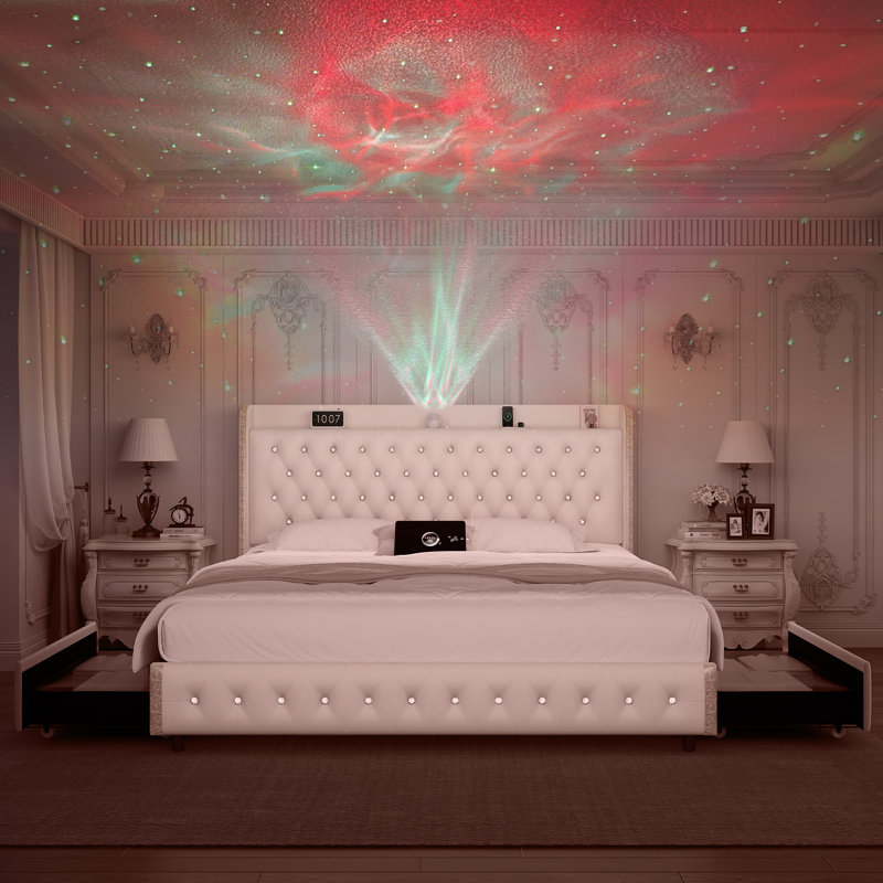 Upholstered Platform Bed Frame With 360° Galaxy Projector, Dustproof Storage Drawers, Wingback Headboard, Cream, King