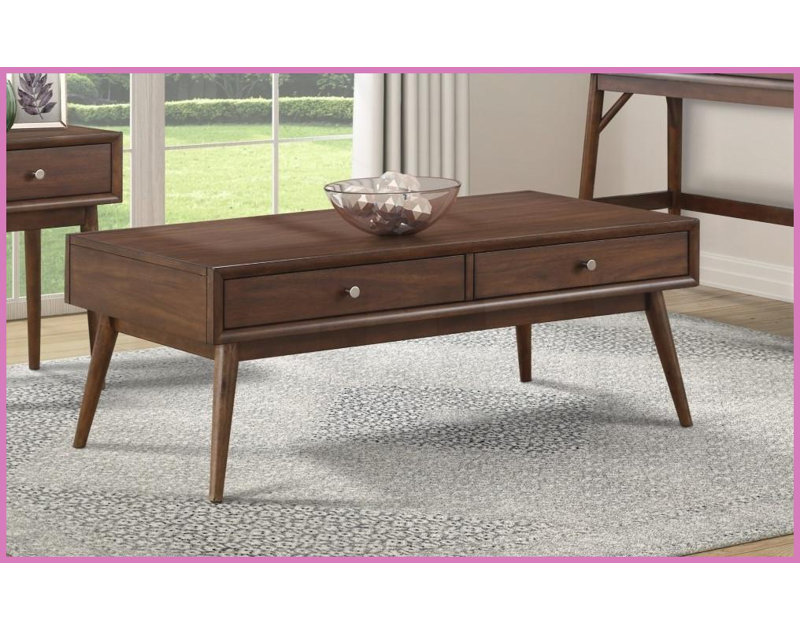 Table basse rétro-moderne en placage de noyer avec 2 tiroirs, finition brune pour le salon
