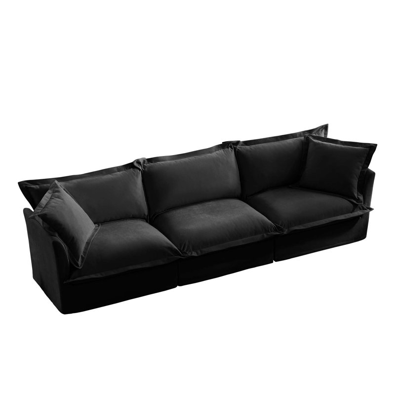 Canapé moderne à assise profonde en chenille 3 places avec accoudoirs polyvalents et coussins moelleux, Noir