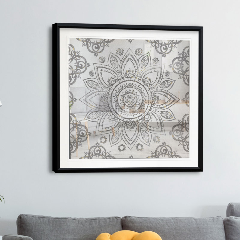 Mandala Sunburst, impression, H 17,5 po x l 17,5 po x P 1,5 po, Encadré dans du plastique noir