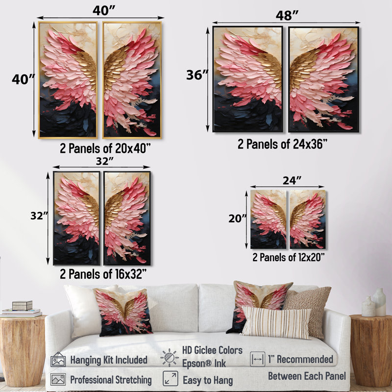 «Pink and Gold Angel Wings» - Art mural sur toile rose, H 20 po x l 24 po, Impression encadrée flottante, Noir
