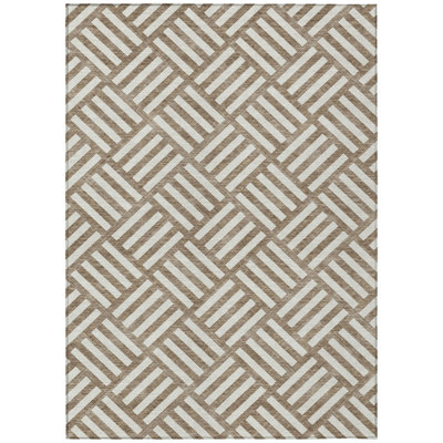 3' X 5' Brown And Ivory Geometric Washable Indoor Outdoor Area Rug