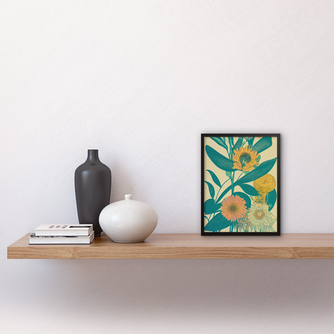 Marigold Daisy Flowers Turquoise Leaves - Single Picture Frame Print