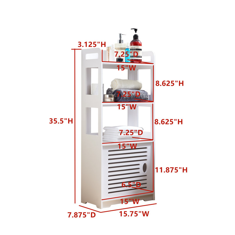 Nilaya White Wood Bathroom Floor Storage Cabinet with Door Enclosed Compartment and Three Open Shelves for Towels Toilet Paper and Essentials in a Compact Freestanding Vertical Design