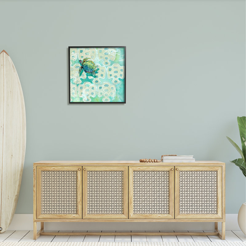 Motif géométrique de tortue de mer - cadre flottant, impression sur bois, H 24 po x l 24 po x P 1,5 po