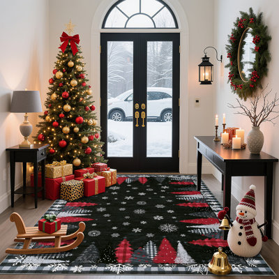 Tapis de Noël flocon de neige et arbre, lavable à la machine, antidérapant, à poils courts