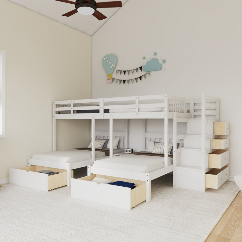 Solid Wood Full Over Twin & Twin Bunk Bed, Triple Bunk Bed With Drawers, White