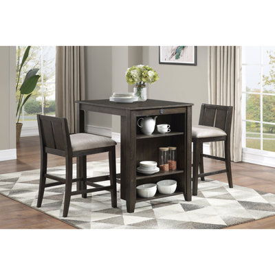 Ensemble de table à hauteur de comptoir 3 pièces de style transitionnel avec finition cerisier foncé avec tablette USB et 2 chaises à hauteur de comptoir rembourrées en tissu