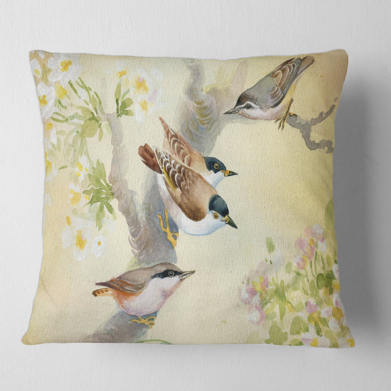 Birds On A Blossoming Apple Tree Animal Print Pillow, 16" x 16"