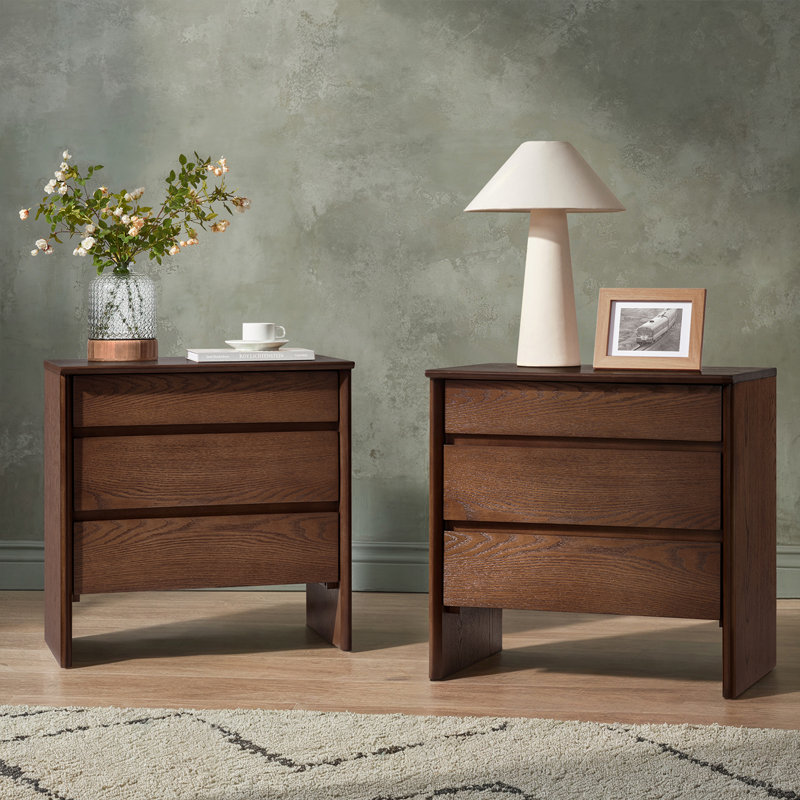 Jepson 24.25''W Fully Assembled Mid-century Modern 3 Soft-Close Drawers Nightstand with Built-In Outlets, Walnut