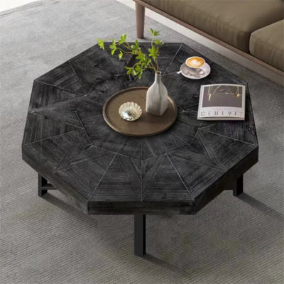 Table basse en bois octogonale rétro avec patchwork artisanal 30 pouces