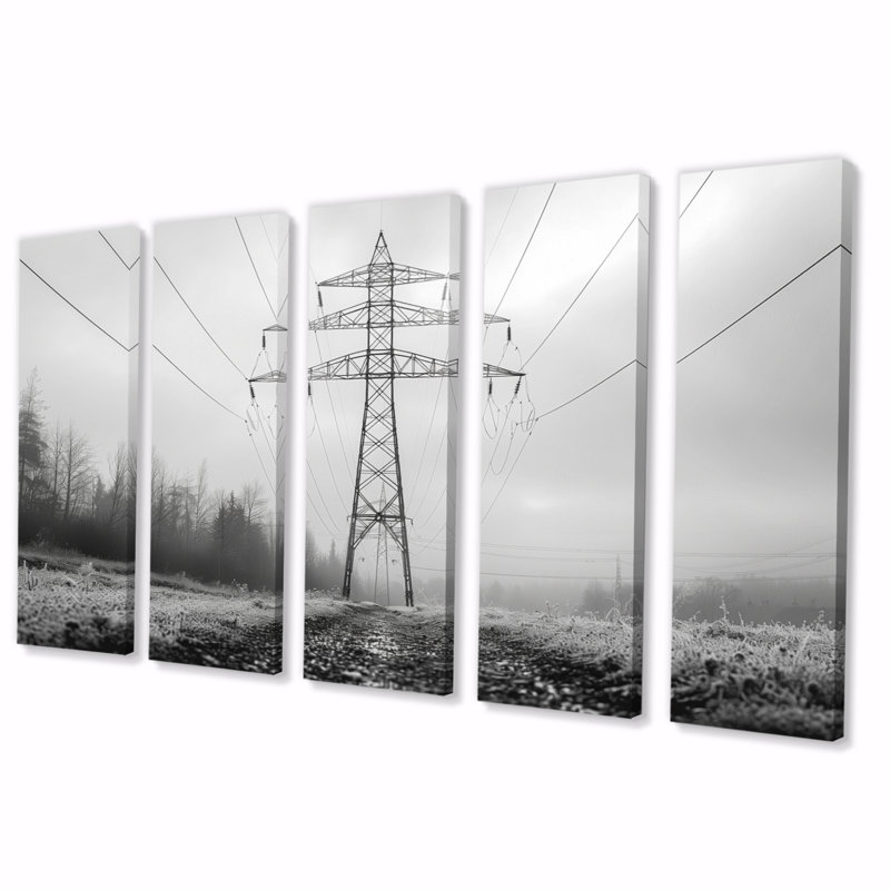 Monochrome Grey Winter Electric Aura Power Lines - Power Lines Wall Art Print Set, 28" H x  60" W