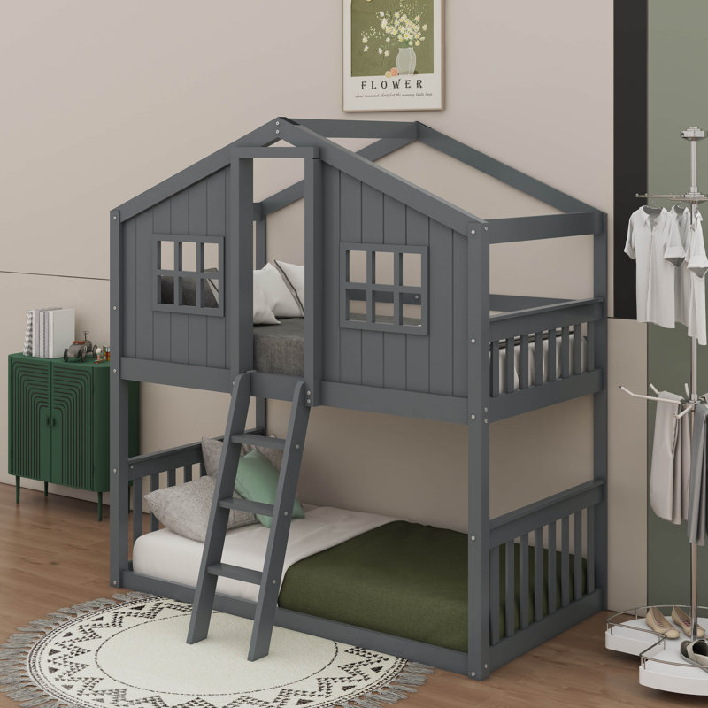 Twin Over Twin House Bunk Bed With Ladder, Gray