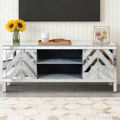 Mirror TV Media Console with Diamond Glass Doors