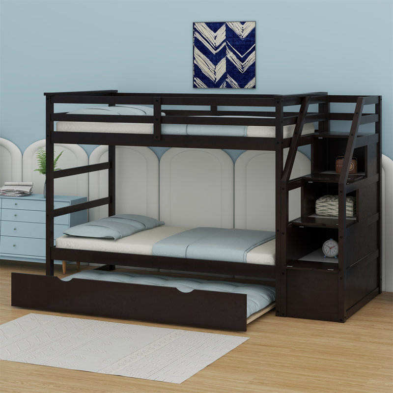 Iftekar Kids Bunk Bed with Trundle, Espresso, Full Over Full