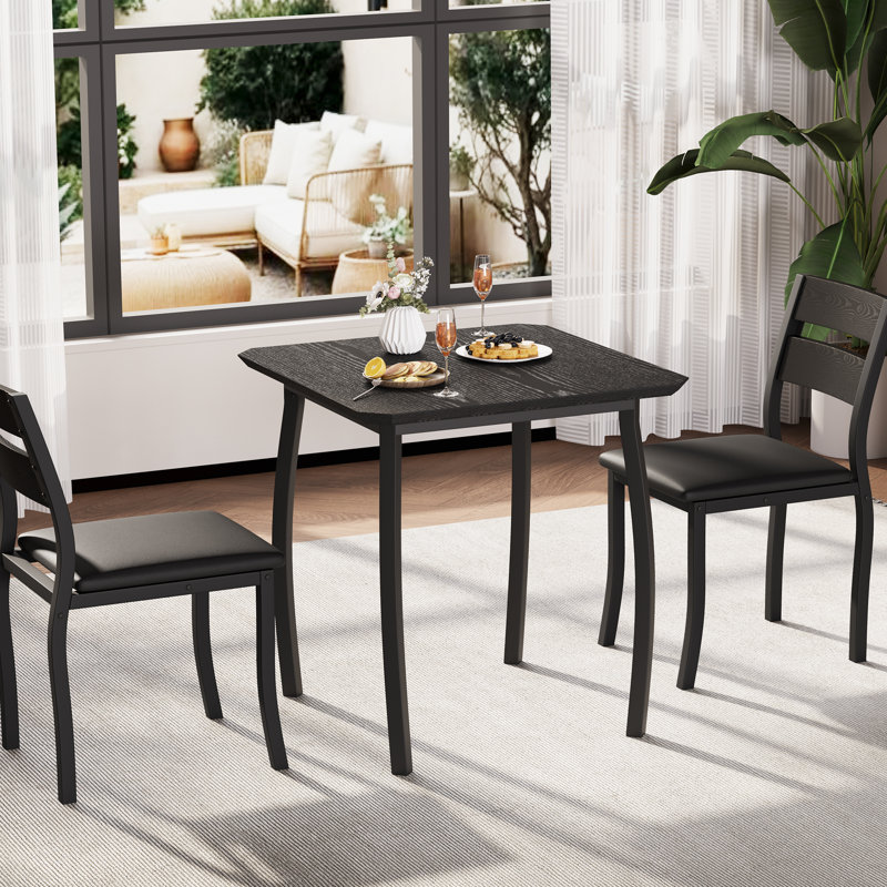 3 Piece Dining Table Set for 2 with Upholstered Chairs, Small Kitchen Table for Apartment, Black, Black, Black