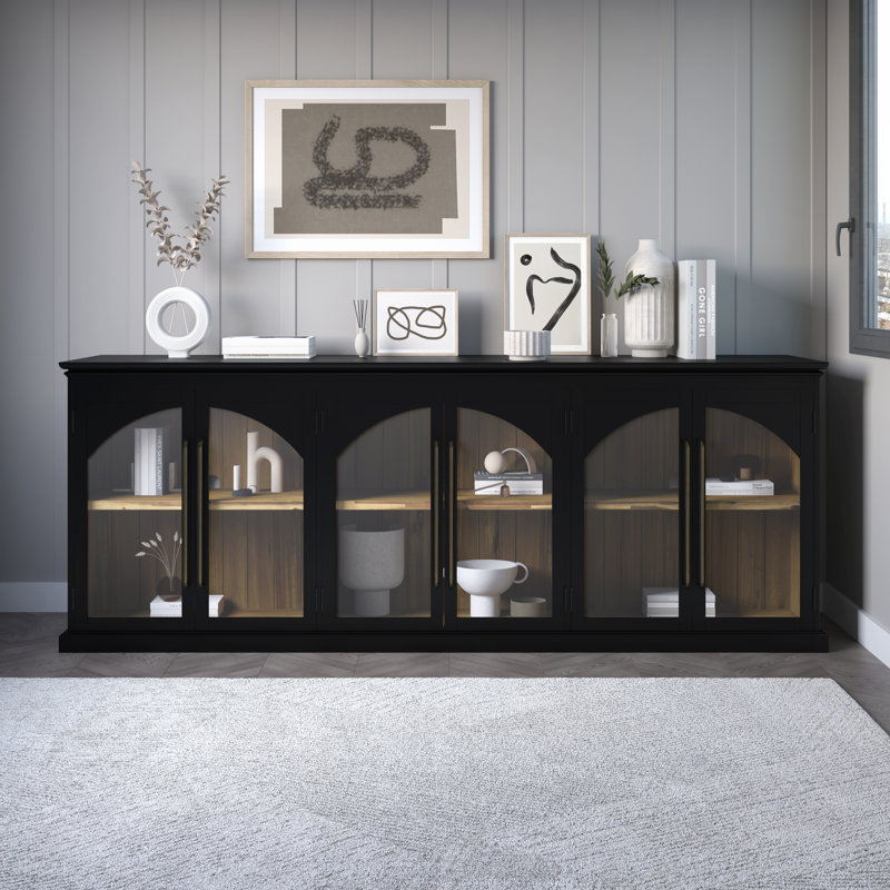Sherree 96" Gothic Arch Transitional Sideboard Storage Cabinet with Glass Doors, Black