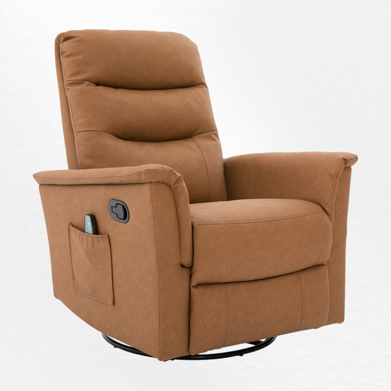Swivel Rocker Recliner With Massage Function, Upholstered Nursery Recliner Chair With Side Pocket, Brown Faux Leather