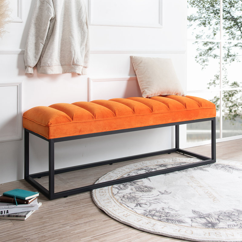 Lubbert Faux Leather Bench, Orange, Solid Wood