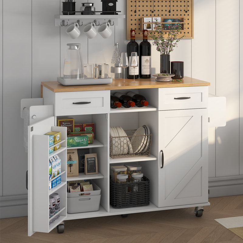 Rolling Kitchen Island With Storage Cabinet & Drawers, Drop Leaf Kitchen Table On Wheels, Farmhouse Portable Kitchen Cart, Large Butcher Block Mobile Islands With Tower/ Spice Rack