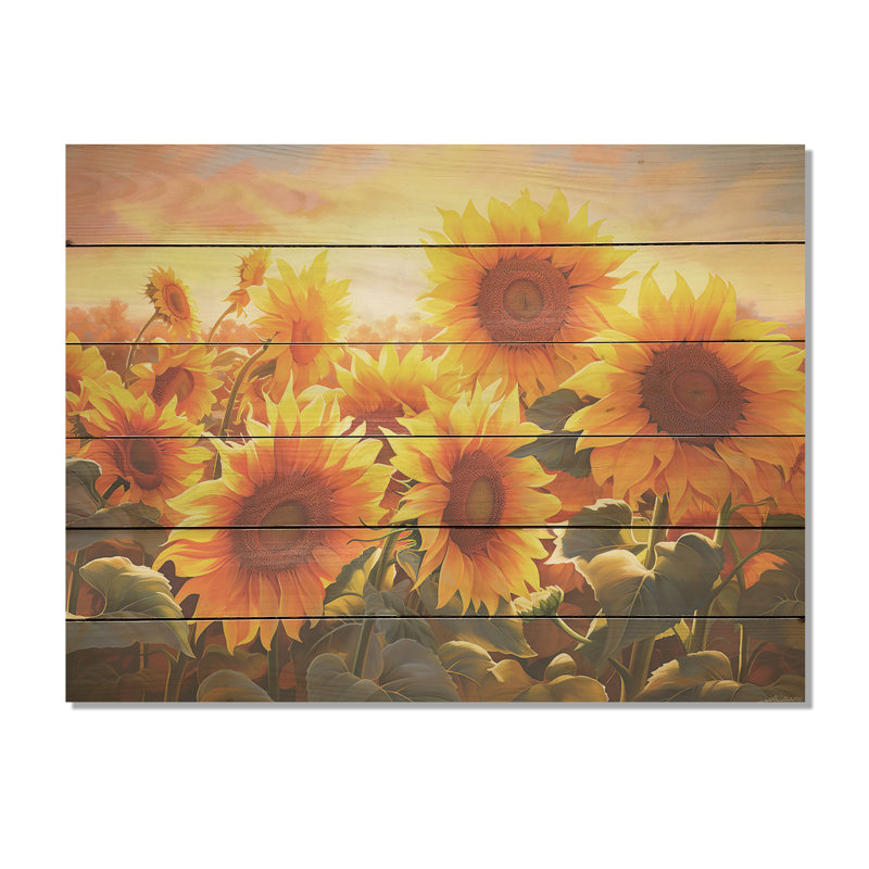 Burning Sunset Sunflowers Field I - Sunflowers Wood Art On Natural Pine Wood, 10" H x 20" W